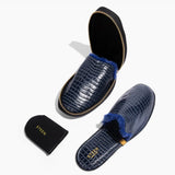 Women’s Crocodile Embossed Leather Foldable Slippers with Eco-Fur