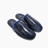 Women’s Crocodile Embossed Leather Foldable Slippers with Eco-Fur