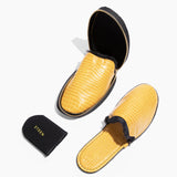 Women’s Crocodile Embossed Leather Foldable Slippers with Eco-Fur