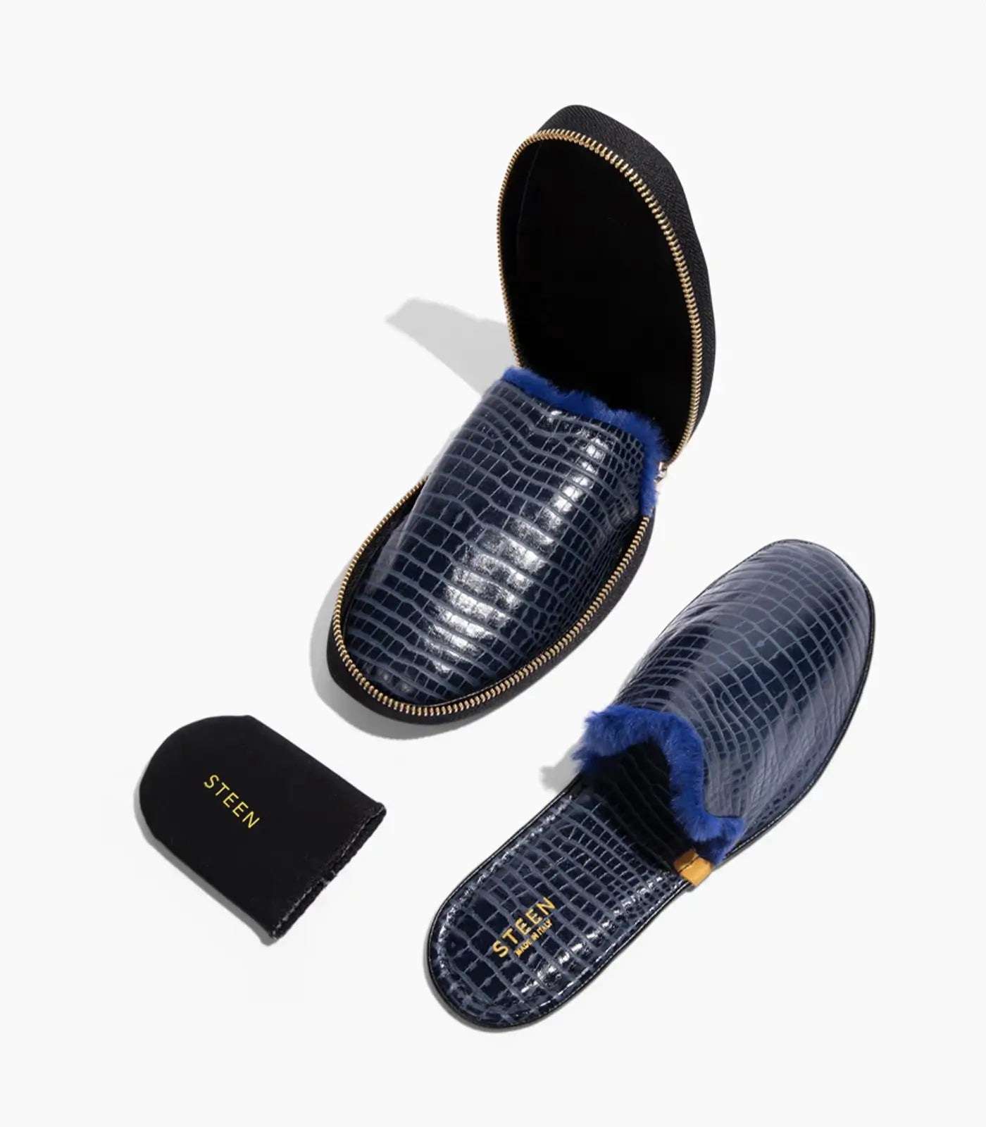 Men's Crocodile Embossed Leather Foldable Slippers with Eco-Fur Men's Crocodile Embossed Leather Foldable Slippers with Eco-Fur