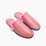 Women’s Crocodile Embossed Leather Foldable Slippers with Eco-Fur
