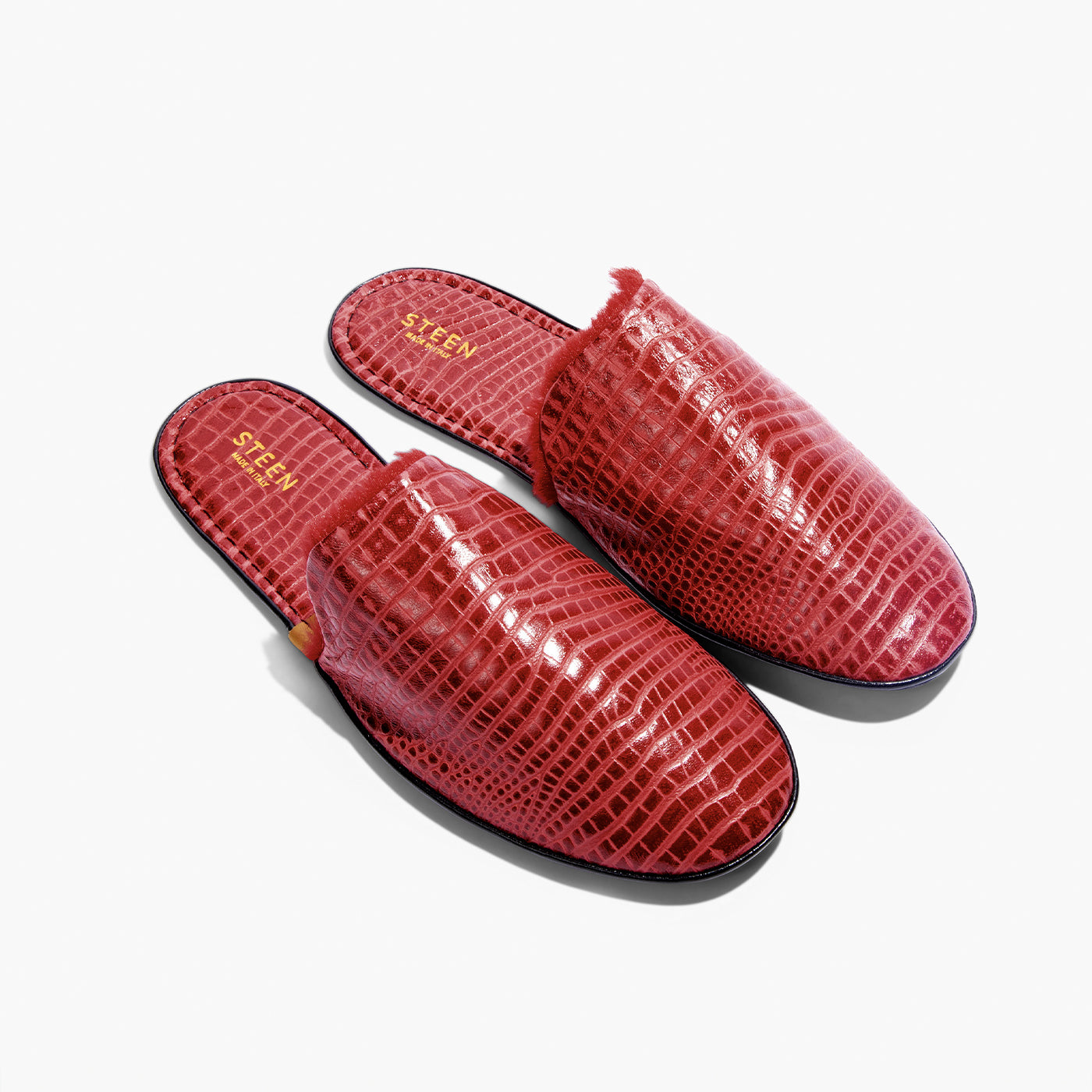Women’s Crocodile Embossed Leather Foldable Slippers with Eco-Fur